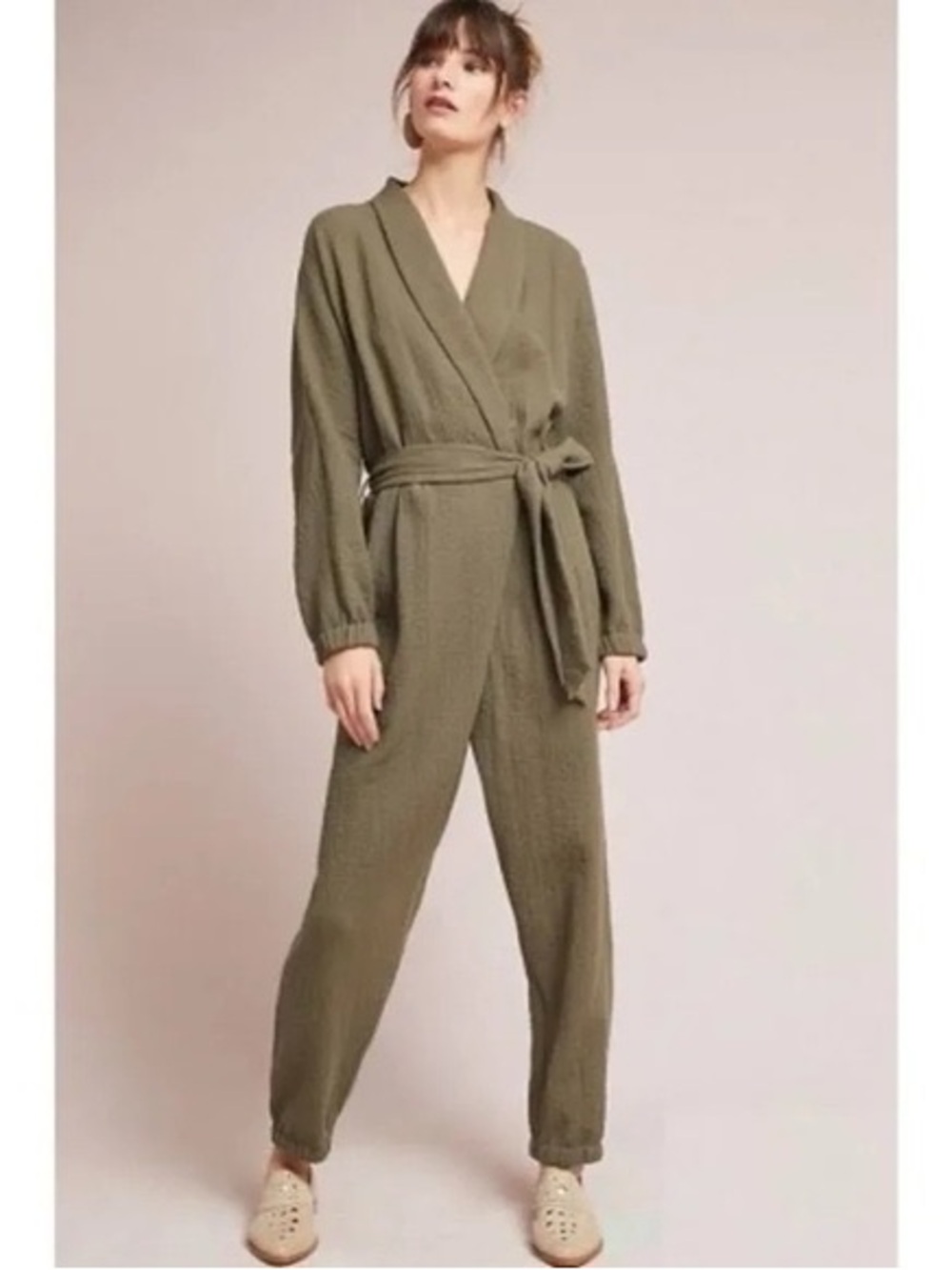 hei hei anthropologie Wrap-Front Olive Tie-Waist Jumpsuit